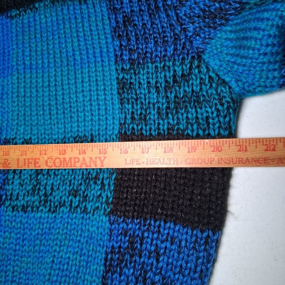 Vintage Extra Touch Hand Knit Sweater Women Size 40 Blue Black Plaid Striped - Picture 5 of 14